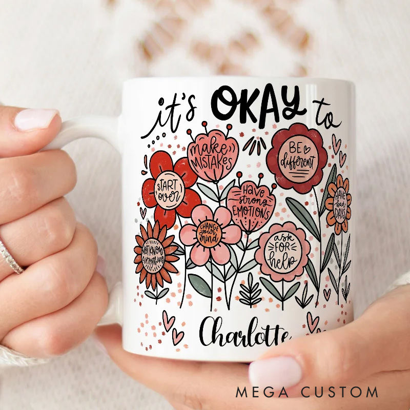 Personalized Flower Mug Custom Floral Positive Inspirational Word Mug with Name Gardening Lover Gift for Gardener Plant Lover