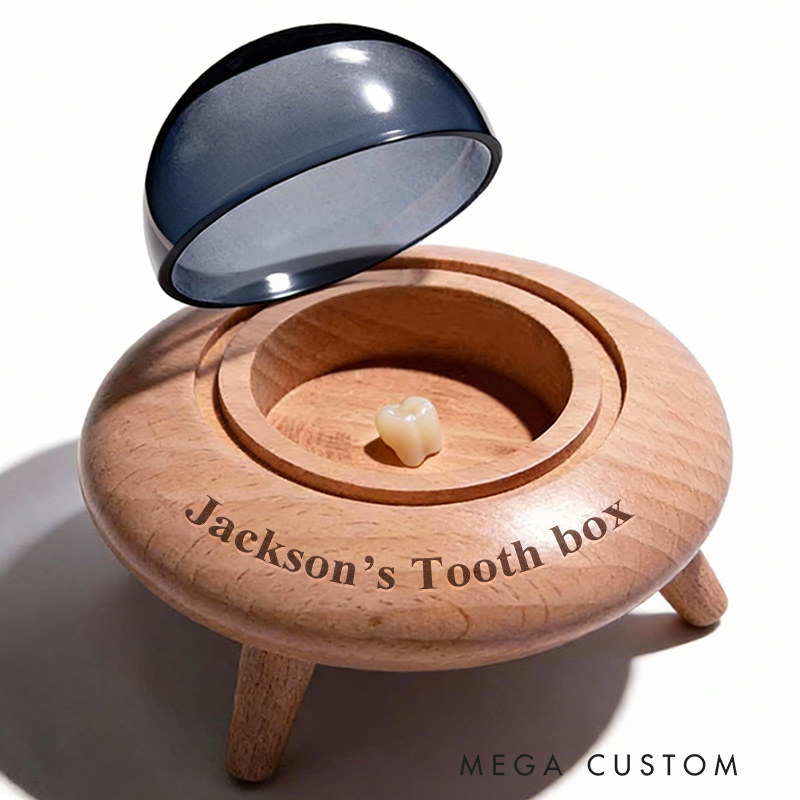 Personalized Astronaut Theme Custom Name Round Spaceship Style Wooden Memory Tooth box