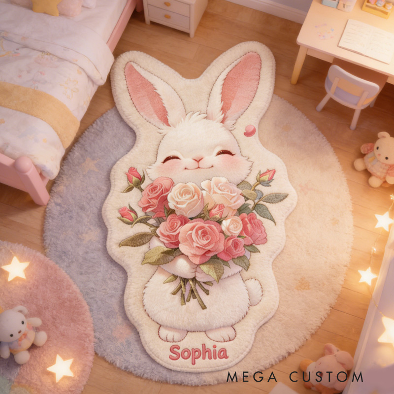 Personalized Rabbit Theme Custom Name Adorable Bunny with Floral Bouquet Cozy Carpet Rug for Kids