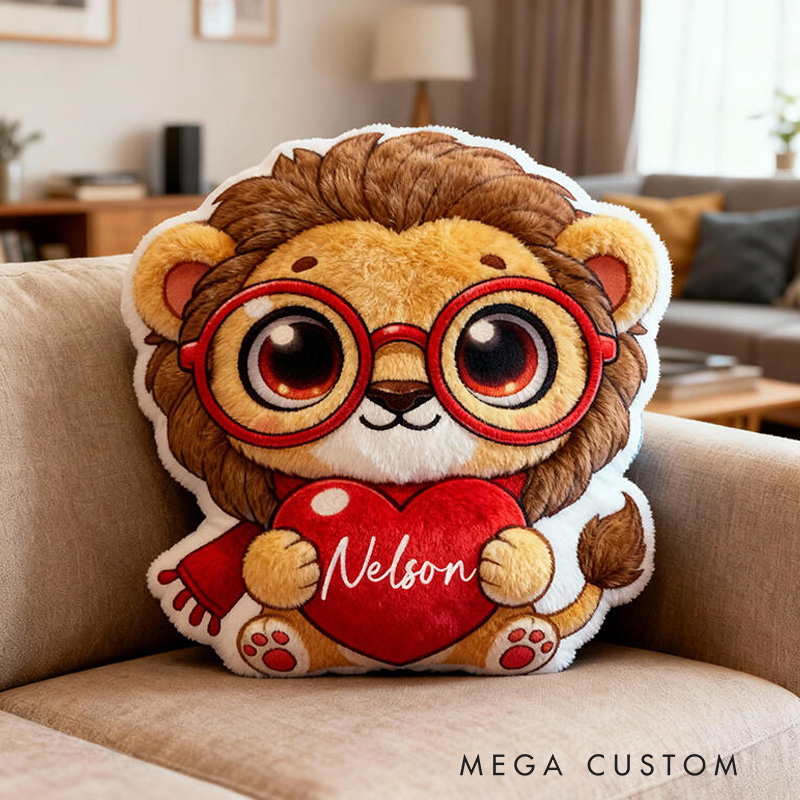 Personalized Lion Theme Custom Name Cute Lion Holding Red Heart Adorable Cartoon 3D Print Pillow