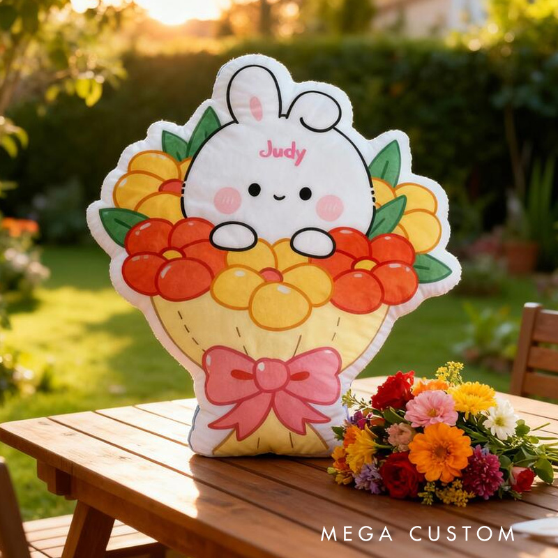 Personalized Bunny Theme Custom Name Cute Rabbit in Flower Basket with Pink Bow 3D Print Pillow