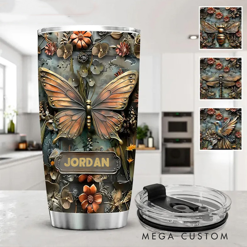 Personalized Flower Tumbler Butterfly Tumbler with Custom Name 20oz Stainless Steel Gardening Tumbler for Her
