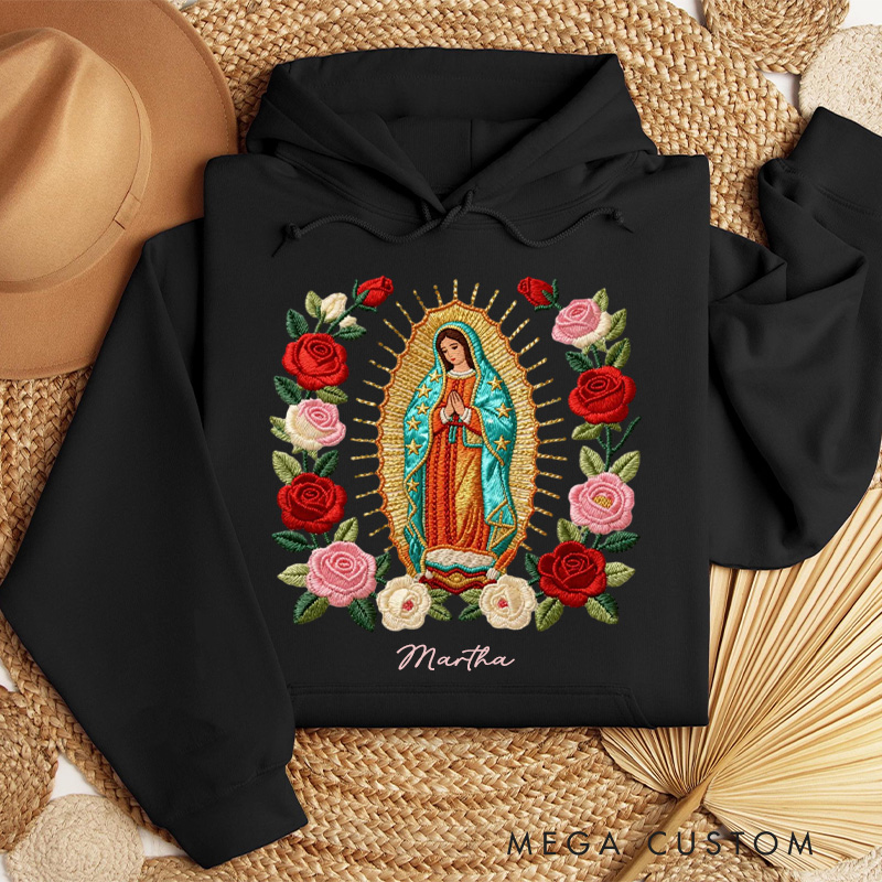 Personalized Our Lady of Guadalupe Classic Hoodies with Custom Name Graphic 3D Print Blessed Mother Mary Catholic Sweatshirt Faith Gift Religious Gift