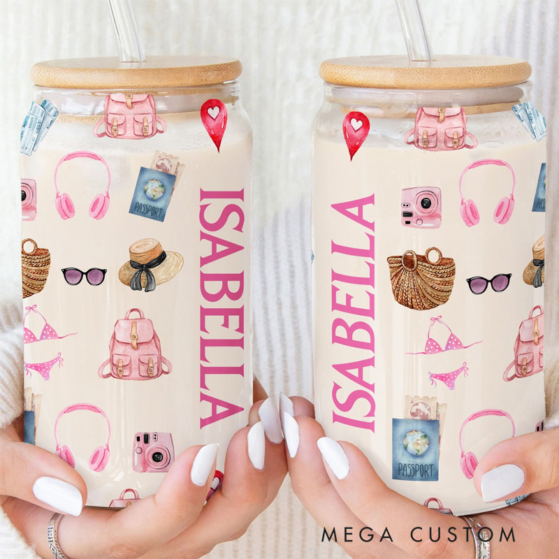 Personalized Just a Girl Who Loves Traveling Glass Tumbler Custom Clear Glass Cup with Lid and Straw for Traveling Lover Girls