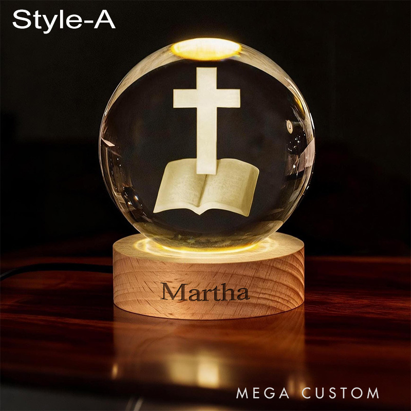 Personalized Cross 3D Engraved Crystal Ball Night Light With Custom Text in Wooden Base Home Decor Jesus Night Lamp Religious Gift Christmas Gift