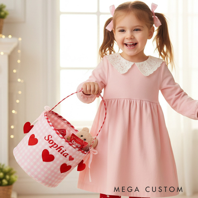 Personalized Gingham Heart Bucket Bag with Embroidered Name Birthday Valentine's Day School Exchange Gift for Kid