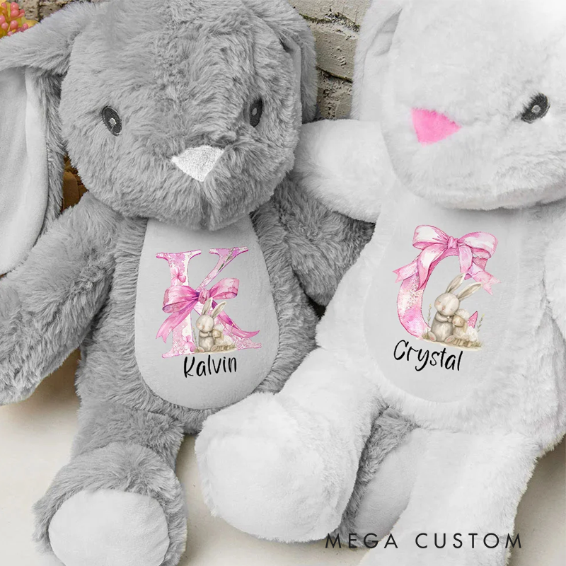 Personalized Pink Coquette Bow Initial Cute Easter Bunny Plush Stuffed Animal Toy with Name Easter Birthday Gift for Kids