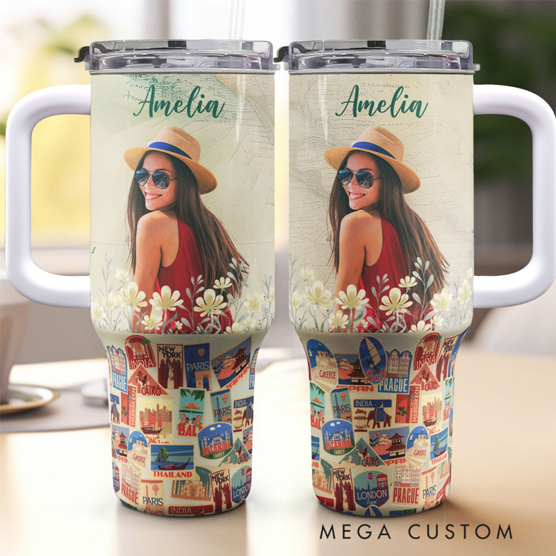 Personalized Photo Travel Tumbler Photo 40oz Tumbler With Straw and Name for Traveling Lover
