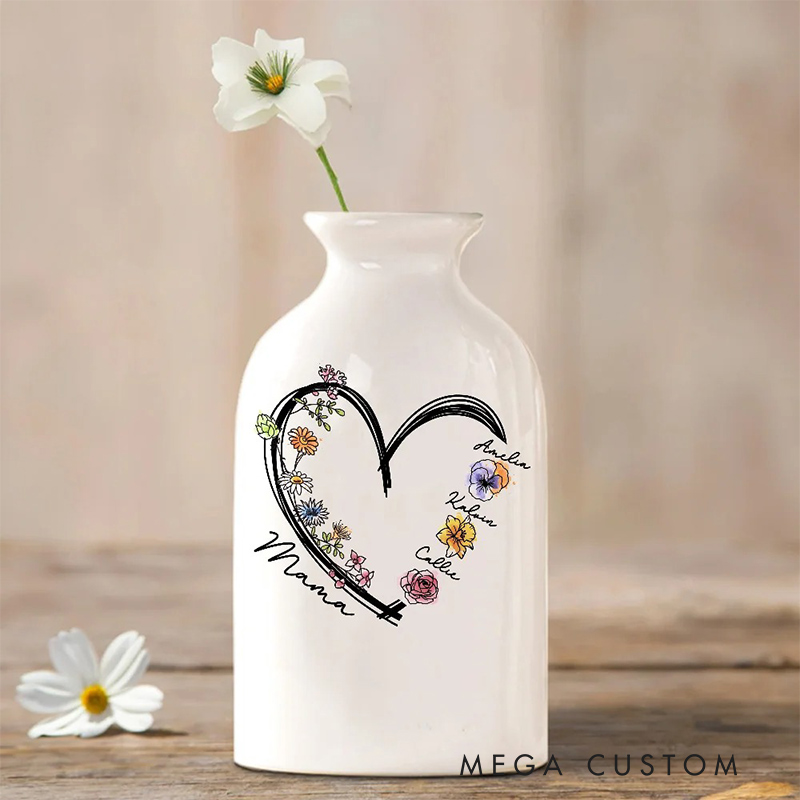 Personalized Names & Birth Flowers Vase with Heart Woman's Ceramic Vase Home Decor Mother's Day Birthday Gift for Mom Grandma
