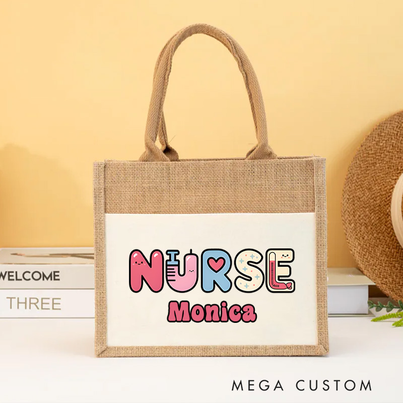 Personalised Nurse Burlap Tote Bags Cute Nurse Lettering Design Perfect Gift for Yourself or a Loved One