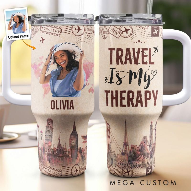 Personalized Travel is My Therapy Tumbler Photo 40oz Tumbler With Straw and Name for Traveling Lover