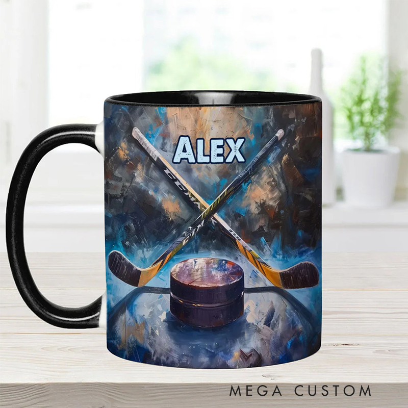 Personalized Ice Hockey Mug with Artistic Stick and Puck Design for Ice Hockey Enthusiasts