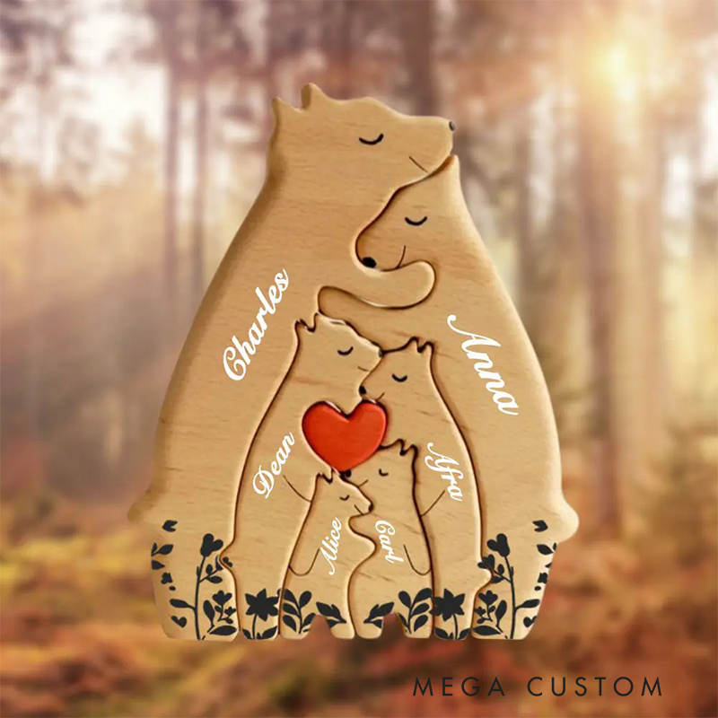 Personalized Wooden Bear Family Puzzle with 2-8 Names & Red Heart, Family Home Decor Family Keepsake Gift Birthday Christmas Gift for Parents Grandma