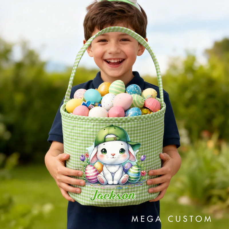 Personalized Cartoon Cute Bunny Chick Reusable Easter Plaid Basket with Name Easter Egg Hunt Easter Party Gift for Kids