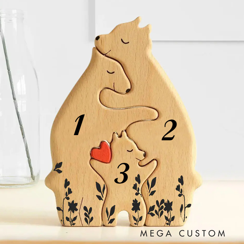 Personalized Wooden Bear Family Puzzle with 2-8 Names & Red Heart, Family Home Decor Family Keepsake Gift Birthday Christmas Gift for Parents Grandma