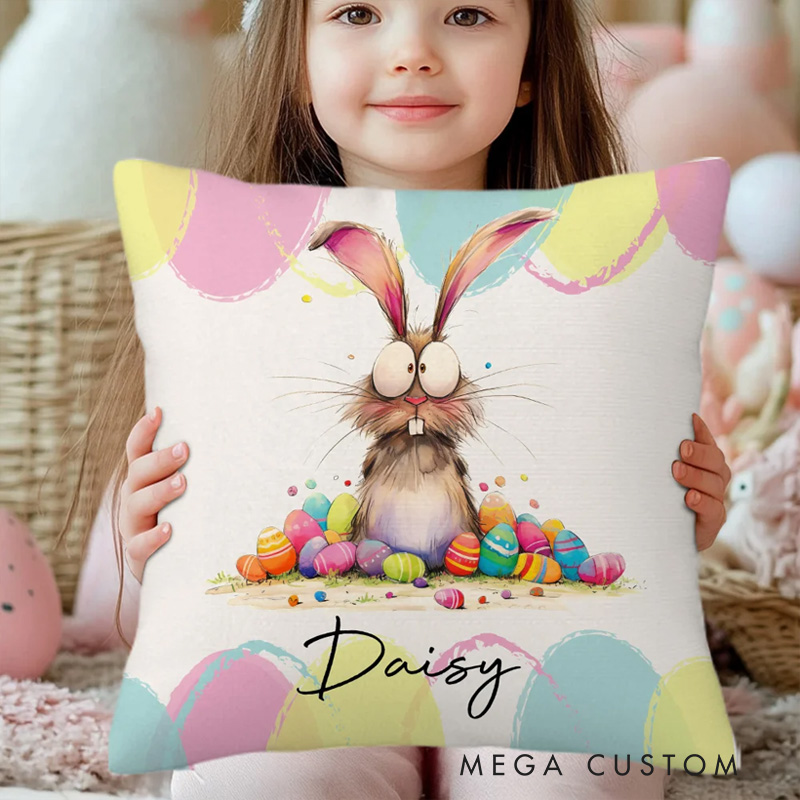 Personalized Quirky Easter Egg Bunny Soft Throw Pillow Cover with Name Easter Party Home Decor Gift for Kids