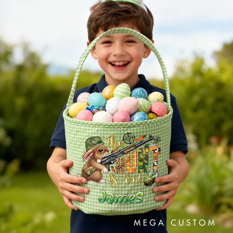 Personalized Cute Bunny Camouflage Flower Plaid Easter Basket with Name Easter Egg Hunt Easter Gift for Boys Girls