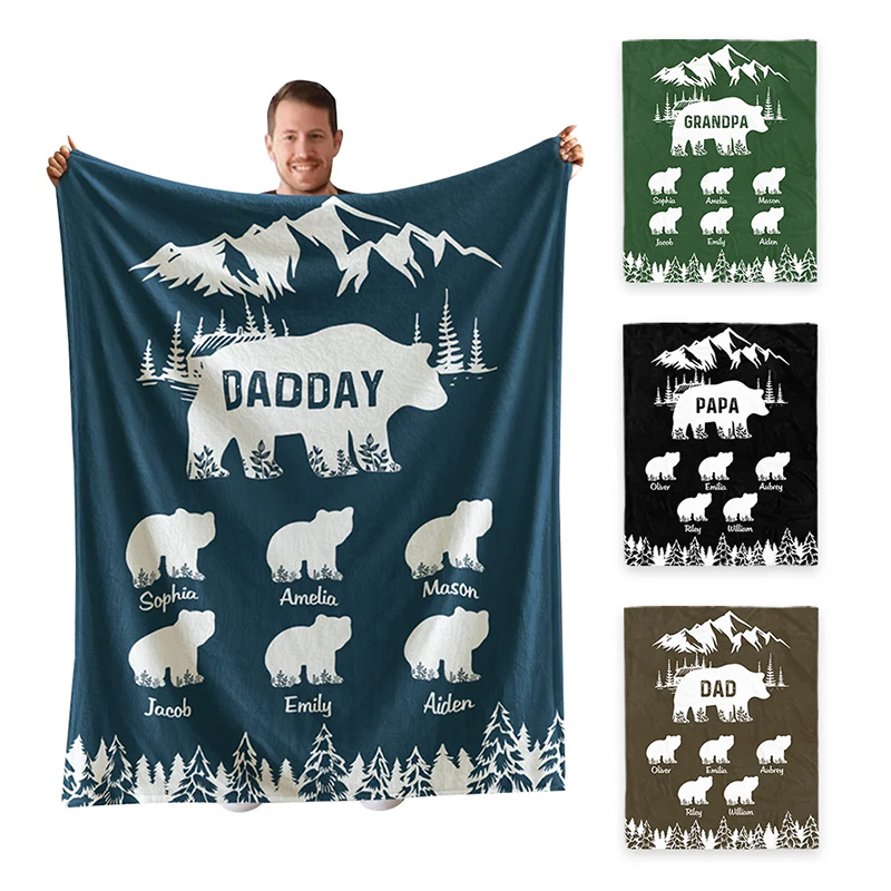 Personalized Papa Bear Blanket with Kids' Names Family Flannel Fleece Blanket Housewarming Decor Birthday Father's Day Gift for Dad Grandpa Him