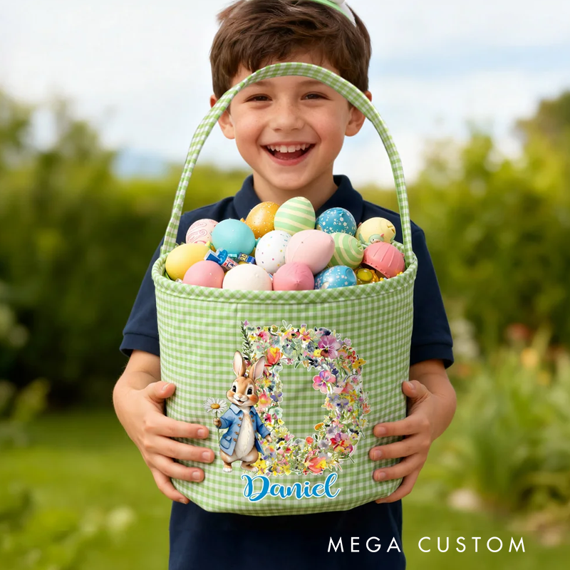 Personalized Cute Flower Peter Rabbit Easter Basket with Name and Initial Easter Eggs Hunting Party Favor Gift for Boys Girls