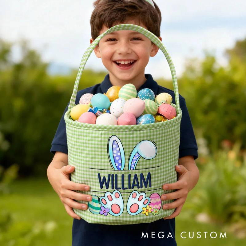 Personalized Multi-Color Cute Peter Rabbit Large Capacity Plaid Easter Basket with Name Easter Egg Hunting Party Favor Gift for Boys Girls
