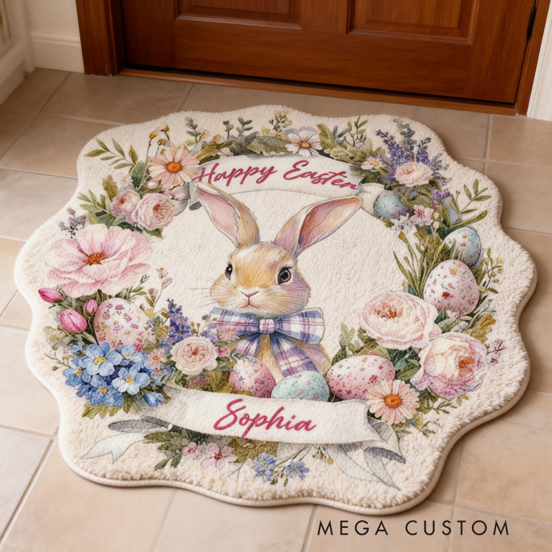 Personalized Bunny Theme Custom Name Cute Easter Rabbit with Floral Wreath Pastel Carpet Rug for Kids