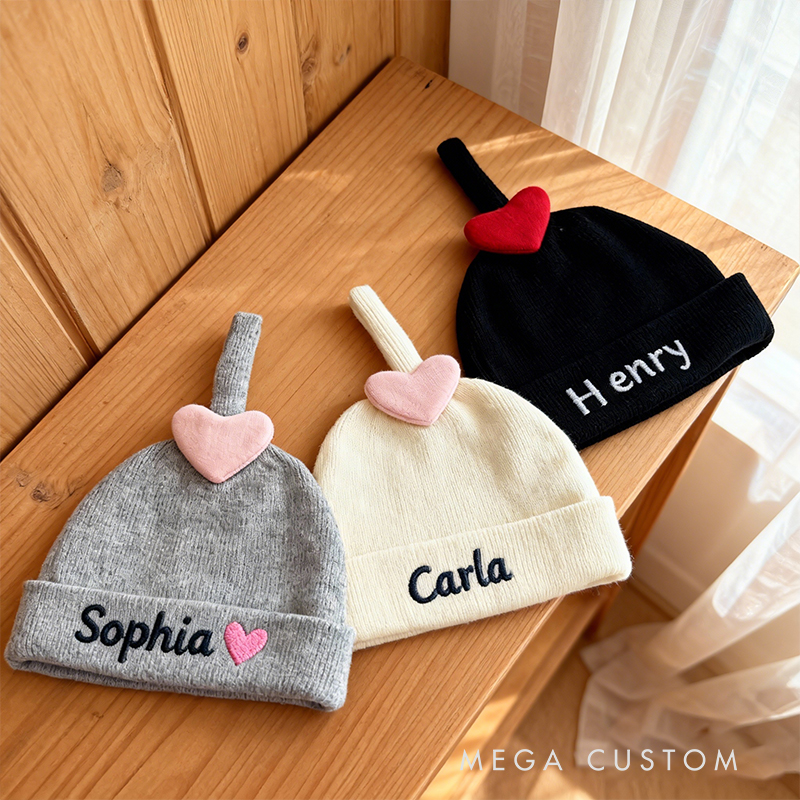 Personalized Valentine's Heart Knit Baby Hat Custom Name Newborn Beanie With Heart for 0-12 Months, Soft and Adorable