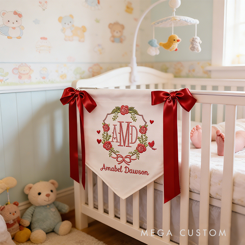 Personalized Valentine's Baby Crib Banner Custom Name and Initials Embroidered Keepsake Decorative and Versatile
