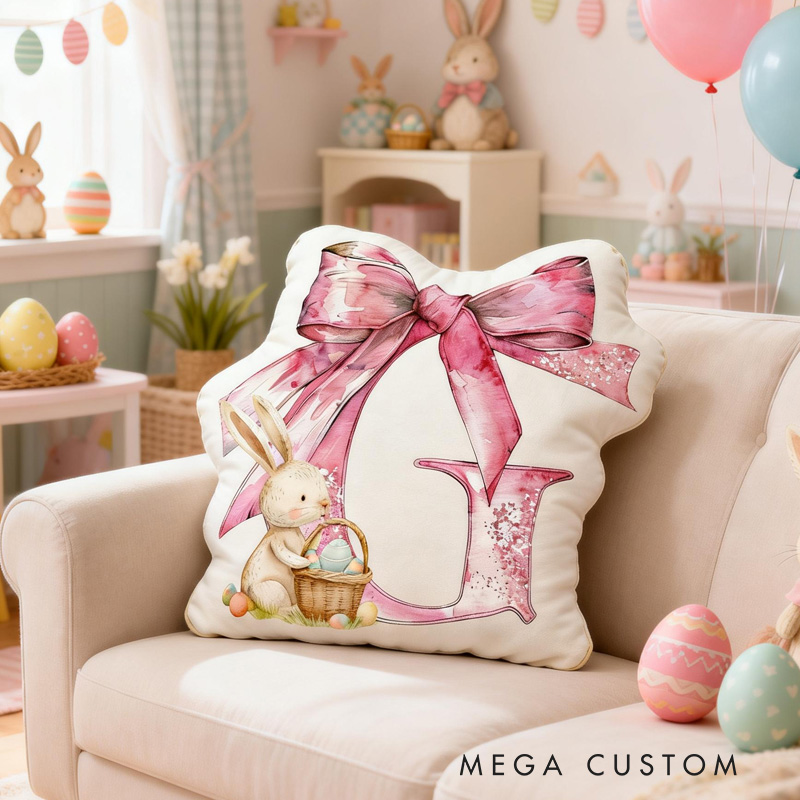 Personalized Bunny Theme Custom Name Cute Rabbit with Big Pink Blue Bow 3D Print Pillow