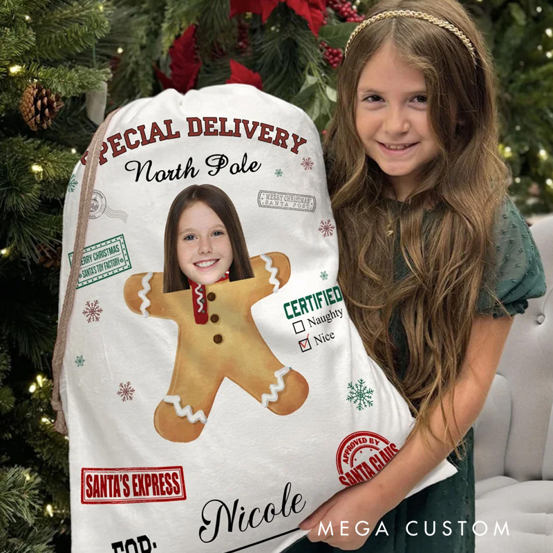 Personalized Special Delivery North Pole Santa Claus Canvas Drawstring Gift Bag with Name and Photo Christmas Gift for Friends Family