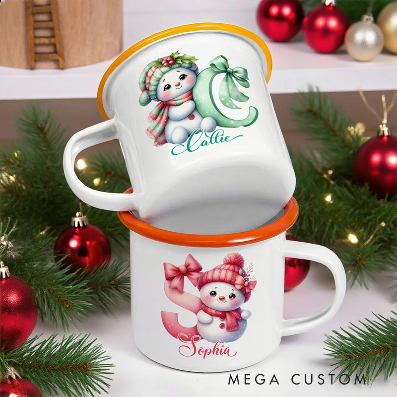 Personalized Cute Bow Snowman 12 oz Enamel Cup with Name and Initial Birthday Christmas Gift for Kids Family Friends