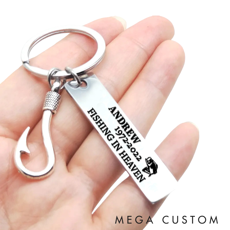 Personalized Fishing Keychain Fishing In Heaven Remembrance Keychain Gift For Remembering Your Loved Fish Hook Ones Stainless Steel Engraved Keychain For Fisherman