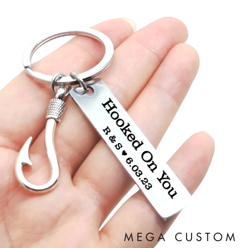 Personalized Fishing Keychain Hooked On You Design with Boyfriend Keychain Husband Gift Perfect Gift for Fishing Lover