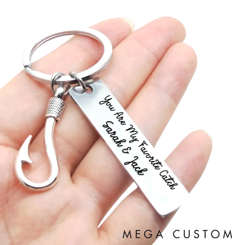 Personalized Fishing Keychain Custom Engraved Text Fish Hook and Charm Design Unique Gift for Fishermen Dad or Husband