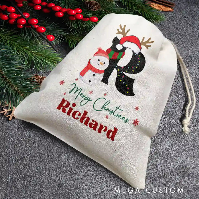 Personalized Festive Initial Christmas Bag with Snowman and Reindeer Details and Name for a Merry Holiday Season