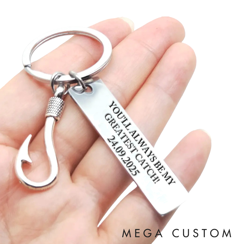 Personalized Fishing Keychain Custom Engraved Text and Time Fish Hook and Charm Design Unique Gift for Fishermen Dad or Husband