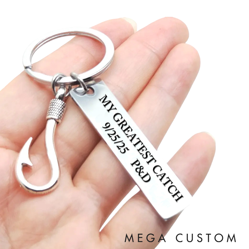 Personalized Fishing Keychain My Greatest Catch Design Custom Time and Initials Romantic Gift for Couples Durable Metal Keyring