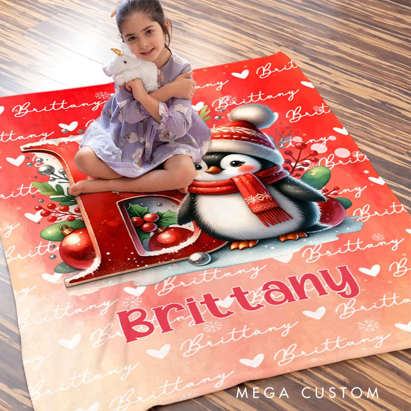Personalized Santa Hat Snowman Penguin Initial Word Cloud Soft Throw Blanket with Name Home Decor Christmas Gift for Kids Family