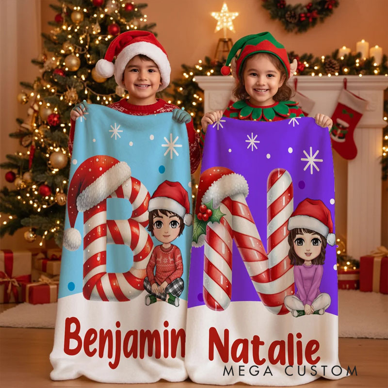 Personalized Christmas Initial Cartoon Character Soft Throw Blanket with Name Home Decor Christmas Gift for Family Friends