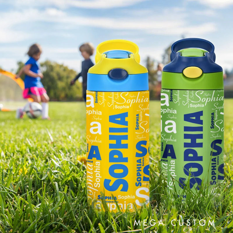 Personalized Colorful 12oz Name Water Bottle with Silicone Straw and Spill Proof Lid Children's Day Back to School Gift for Kids