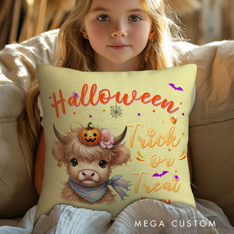 Personalized Pumpkins Highland Cow Soft Throw Pillow Cover with Name Home Decor Halloween Housewarming Gift for Family Friend