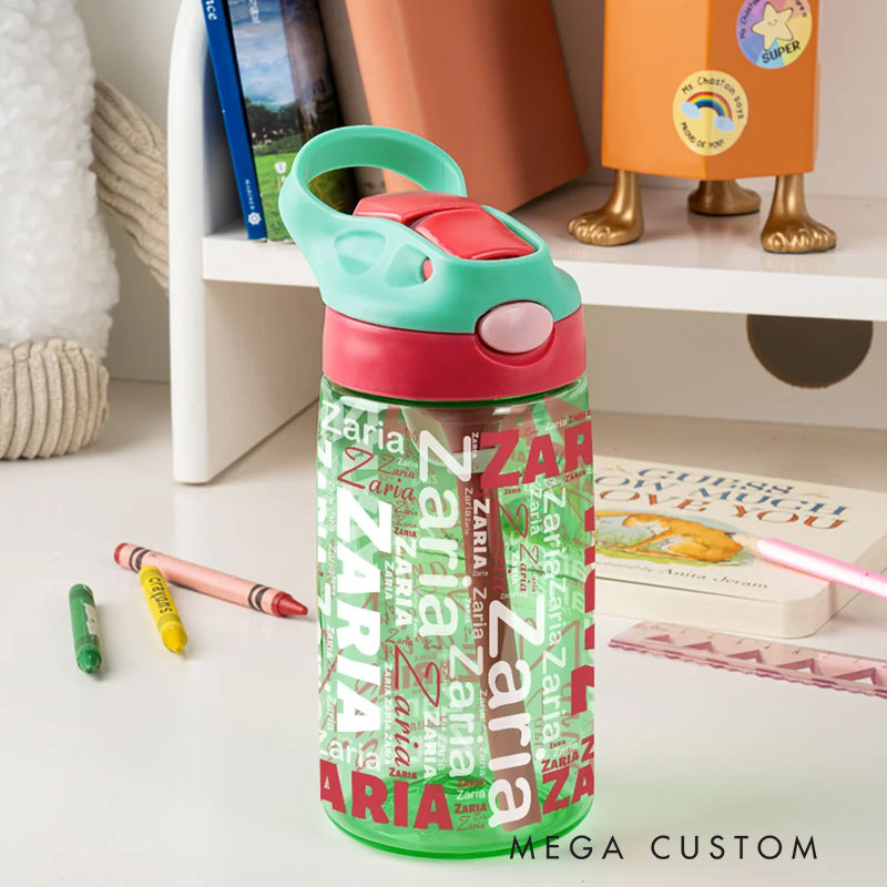 Personalized Name Word Cloud 16 oz Kid Water Bottle with Silicone Straw and Handle Back to School Birthday Holiday Gift for Boys Girls