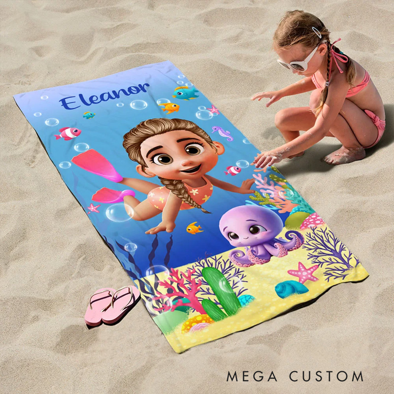 Personalized Cute 3D Diving Kid Sea Animal Quick Dry Soft Oversized Beach Towel with Name Summer Vacation Beach Party Birthday Gift for Boys Girls