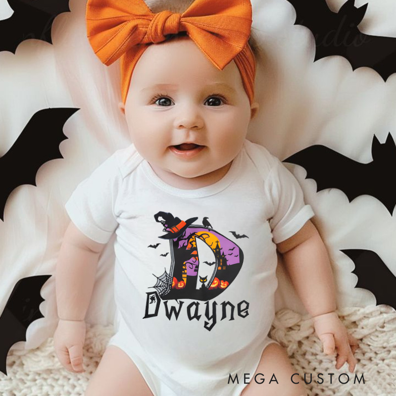 Personalized Halloween Witch Baby Bodysuit with Initial Letter and Spooky Elements Featuring Name for Festive Fun