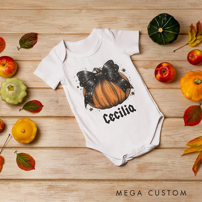 Personalized Pumpkin Bow Design 100% Cotton Baby Bodysuit with Name Halloween Baby Shower Gift for Baby Newborn