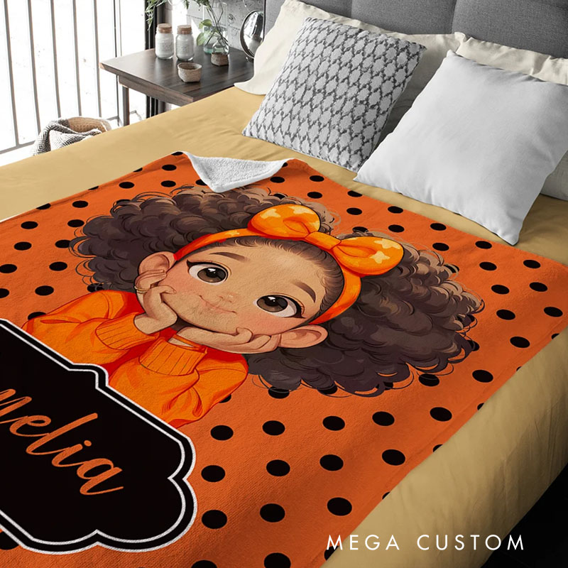 Personalized Polka Dots Cute Cartoon Little Girl Soft Throw Blanket with Name Home Decor Birthday Christmas Gift for African American Girl
