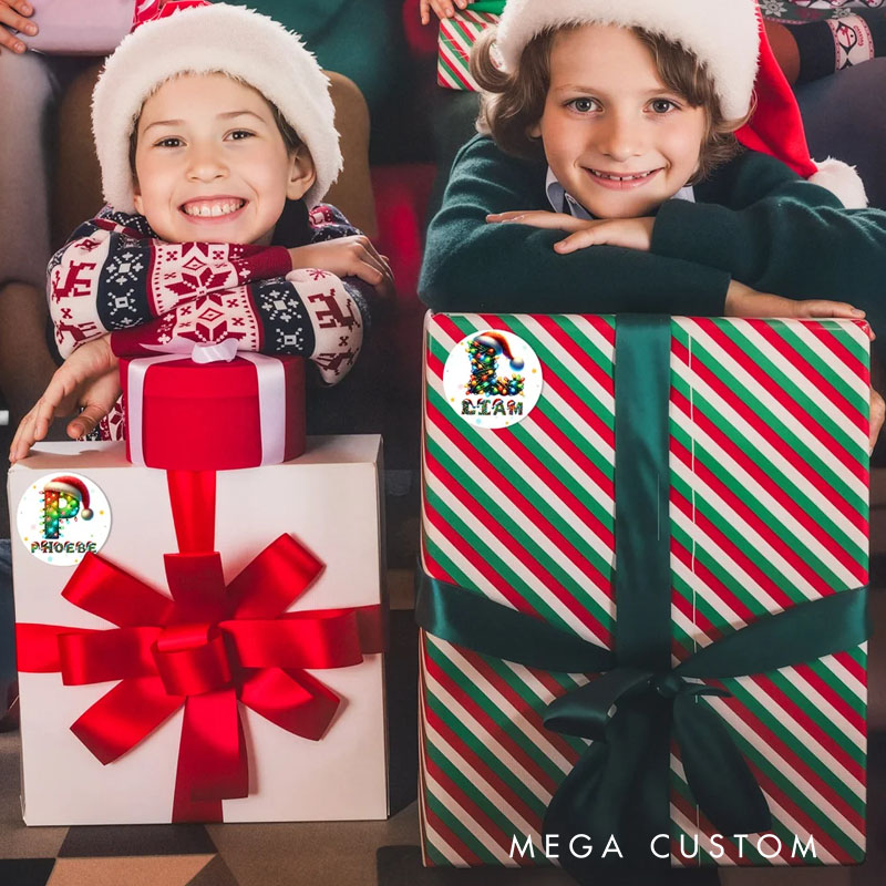 Personalized Santa Hat Color Lights Waterproof Sticker with Initial Name Gift Decoration Christmas Party Gift for Family Kids