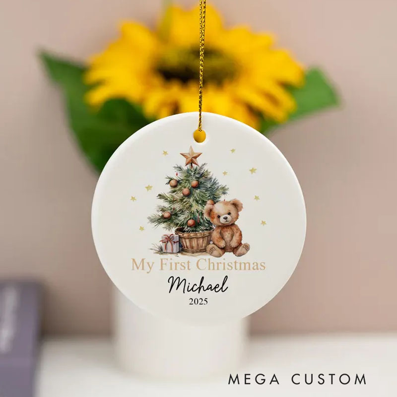 Personalized My First Christmas Ornament with Teddy Bear and Festive Tree Featuring Name and Year for Cherished Memories