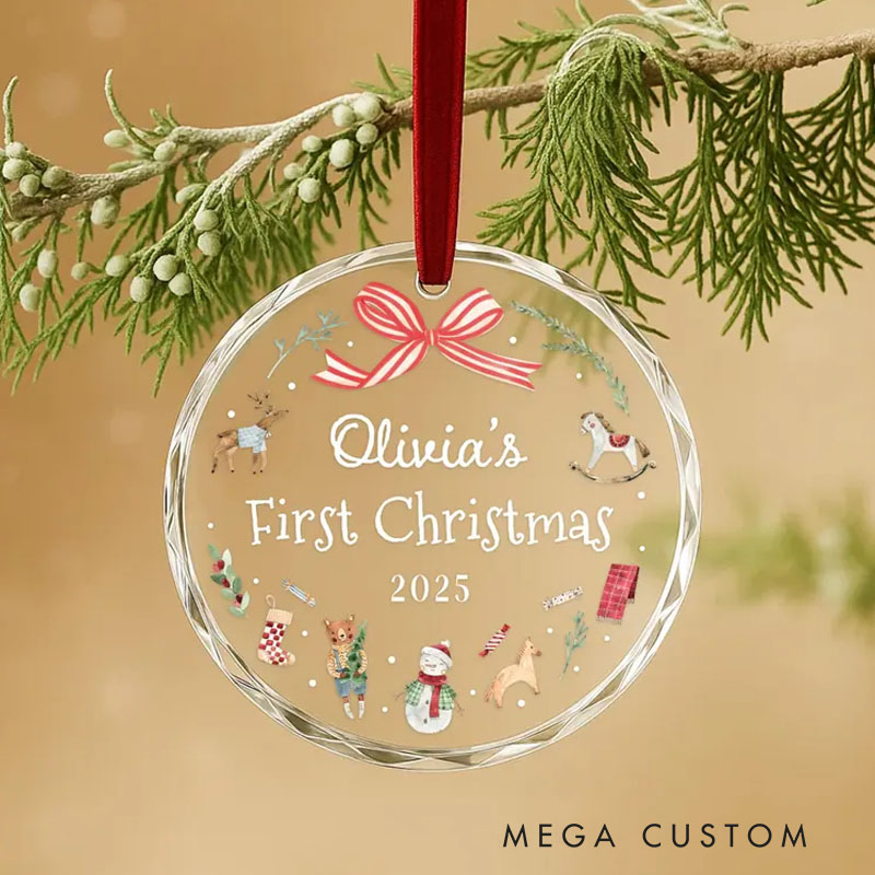 Personalized First Christmas Ornament with Festive Illustrations and Ribbon Featuring Name and Year for Holiday Joy