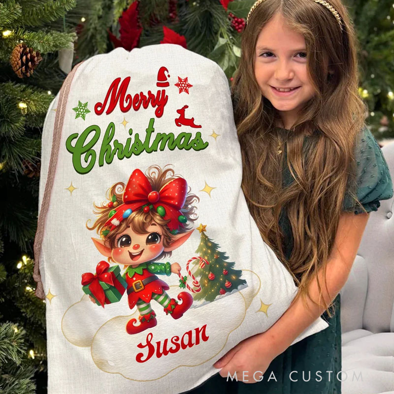 Personalized Merry Christmas Cute Cartoon Elf Canvas Drawstring Gift Bag with Name Christmas Party Favors for Kids Family