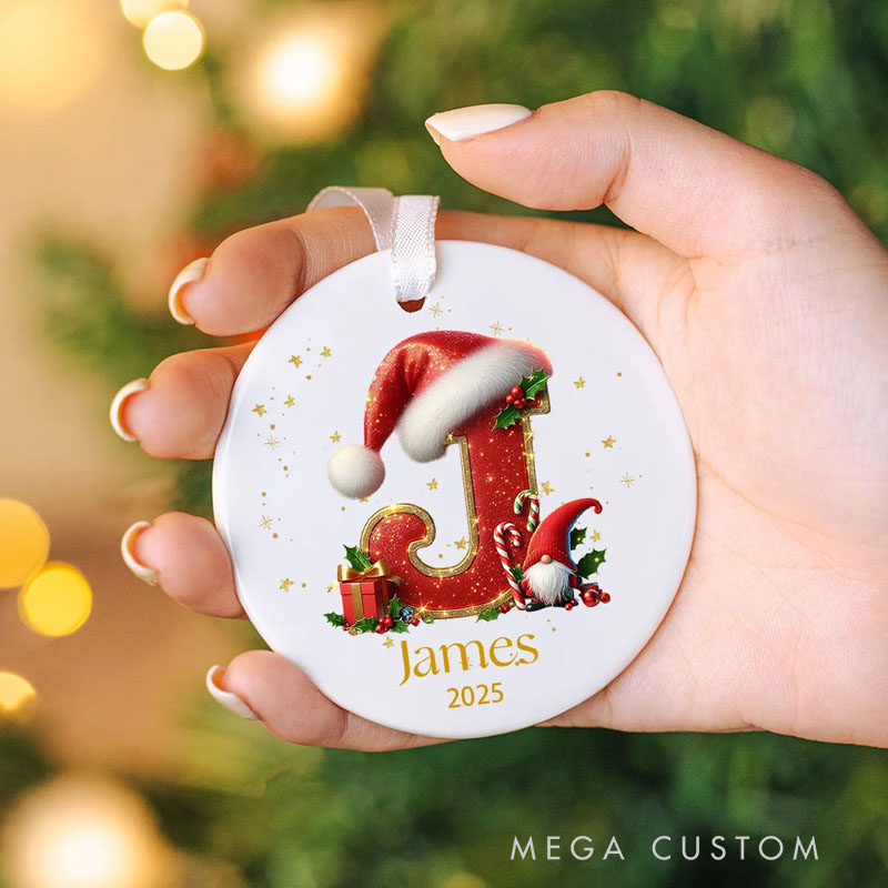 Personalized Candy Cane Santa Holly Initial Ceramic Christmas Ornament with Name and Year Holiday Tree Decor Gift for Kids Family
